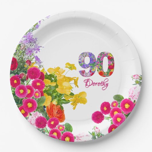 90e Verjaardag Feest Bloemen Modern 90 jaar Papieren Bordje (Voorkant)