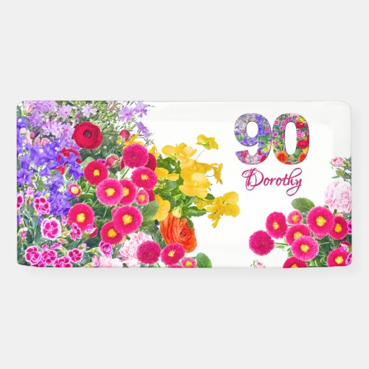 90e Verjaardag Feest Bloemen Modern 90 jaar Spandoek (Horizontaal)