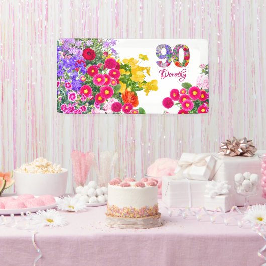 90e Verjaardag Feest Bloemen Modern 90 jaar Spandoek (Feest)