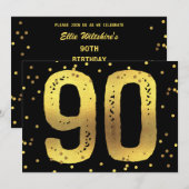90e Verjaardag Feest Faux Gold Foil Confetti Zwart Kaart (Voorkant / Achterkant)