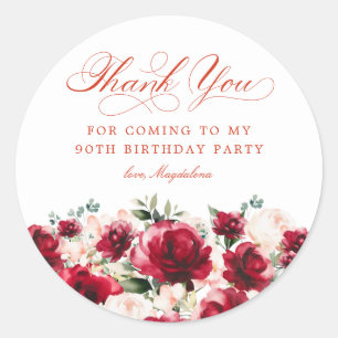 90e Verjaardag Feest Rood Roze Bloemen Dank u Ronde Sticker