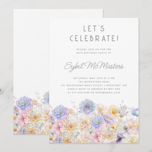 90e Verjaardag Feest Voorjaar Waterverf Bloemen Kaart (Voorkant / Achterkant)