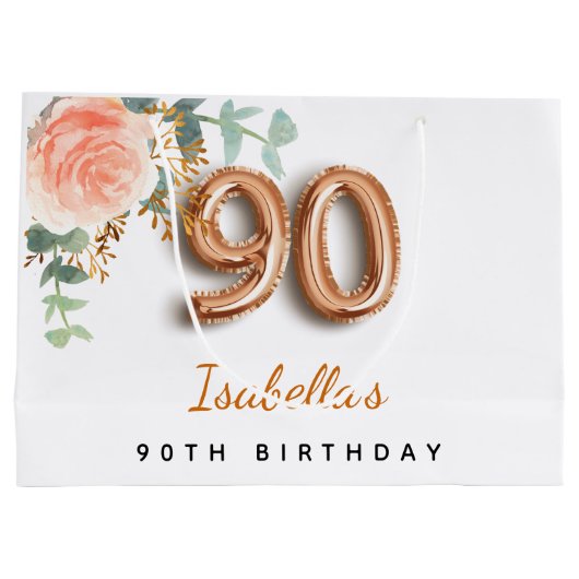 90e verjaardag floraal roos goud eucalyptusverjaar groot cadeauzakje (Achterkant)