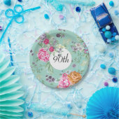 90e verjaardag Floral Birthday Blue Papieren Bordje (Feest)
