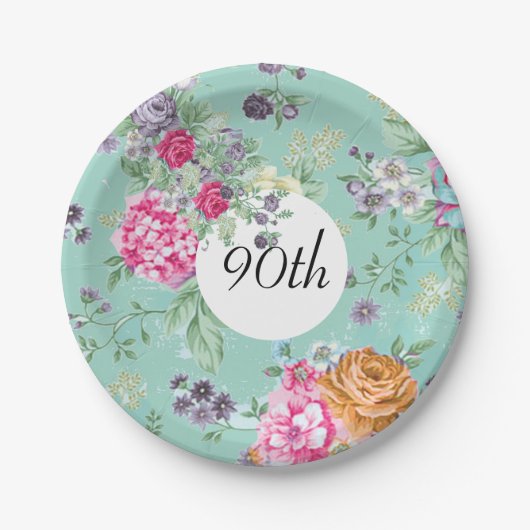 90e verjaardag Floral Birthday Blue Papieren Bordje (Voorkant)