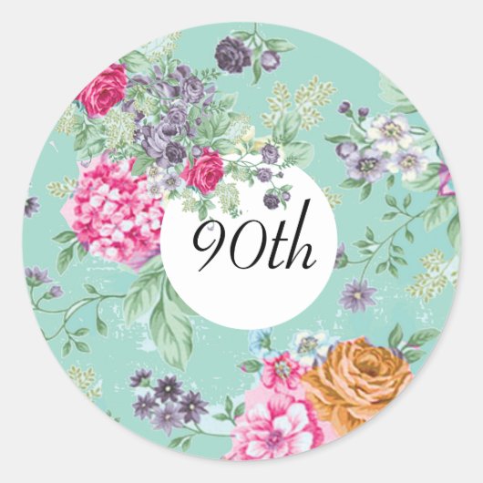 90e verjaardag Floral Birthday Blue Ronde Sticker (Voorkant)