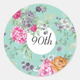 90e verjaardag Floral Birthday Blue Ronde Sticker