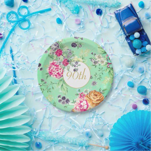 90e verjaardag Floral Birthday Green Gold Papieren Bordje (Feest)