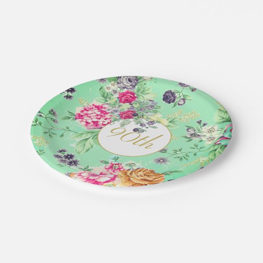 90e verjaardag Floral Birthday Green Gold Papieren Bordje (Gekanteld)