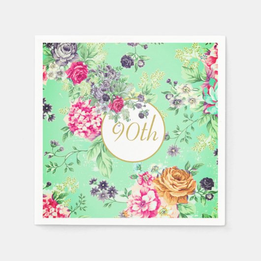 90e verjaardag Floral Birthday Green Gold Servet (Voorkant)