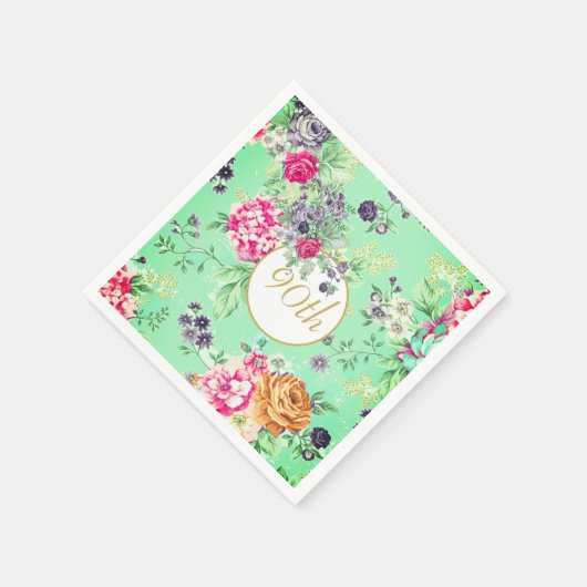 90e verjaardag Floral Birthday Green Gold Servet (Hoek)