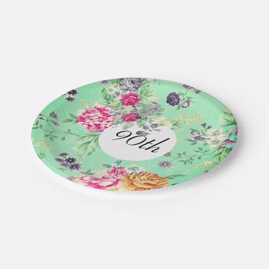 90e verjaardag Floral Birthday Green Papieren Bordje (Gekanteld)
