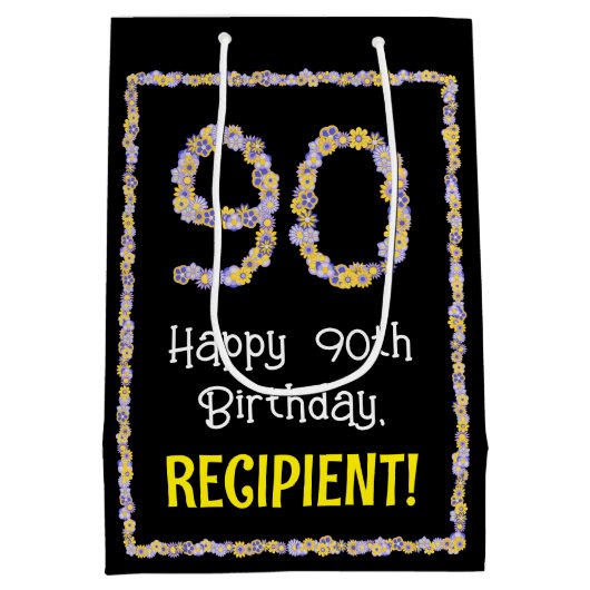 90e verjaardag: Floral Flowers Number, Custom Name Medium Cadeauzakje (Achterkant)