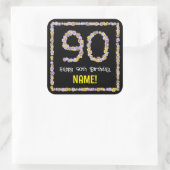 90e verjaardag: Floral Flowers Number, Custom Name Vierkante Sticker (Tas)