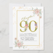 90e verjaardag Floral Gold Script Kaart (Voorkant)