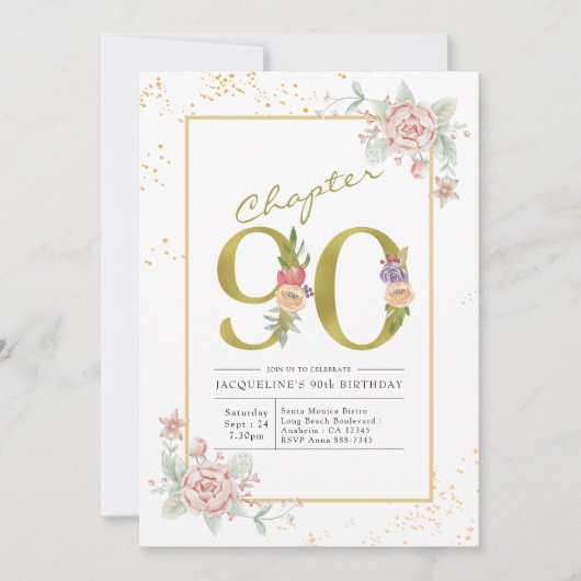 90e verjaardag Floral Gold Script Kaart (Voorkant)