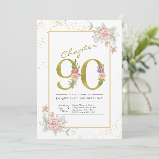 90e verjaardag Floral Gold Script Kaart (Staand voorkant)