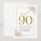 90e verjaardag Floral Gold Script Kaart (Voorkant / Achterkant)
