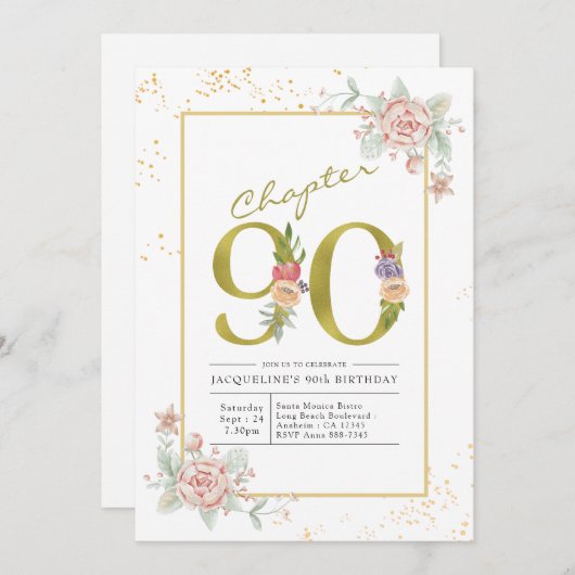 90e verjaardag Floral Gold Script Kaart (Voorkant / Achterkant)
