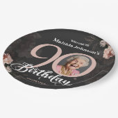 90e verjaardag Floral Pink Grey Custom Foto Papieren Bordje (Gekanteld)