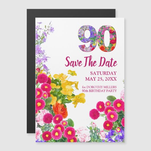 90e verjaardag Floral Save the Date - Elegant Magnetische Uitnodiging (Voorkant / Achterkant)
