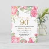 90e verjaardag 'Floral Surprise' Gold Glitter Kaart (Staand voorkant)
