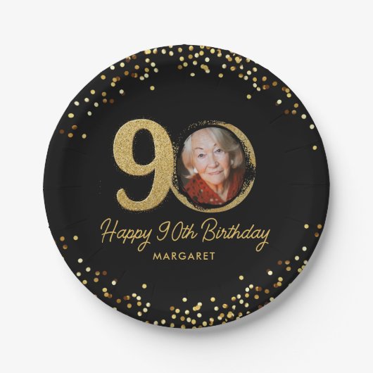 90e verjaardag foto Elegant zwart goud glitter Papieren Bordje (Voorkant)
