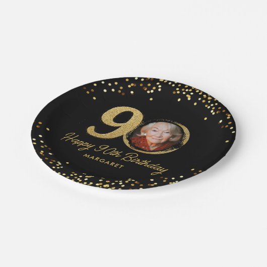 90e verjaardag foto Elegant zwart goud glitter Papieren Bordje (Gekanteld)