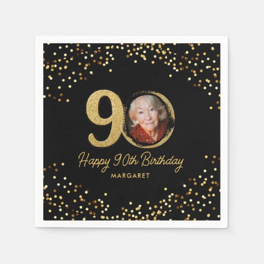 90e verjaardag foto Elegant zwart goud glitter Servet (Voorkant)