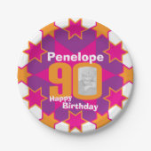 90e verjaardag foto naam roze sterrenpapier bord (Voorkant)