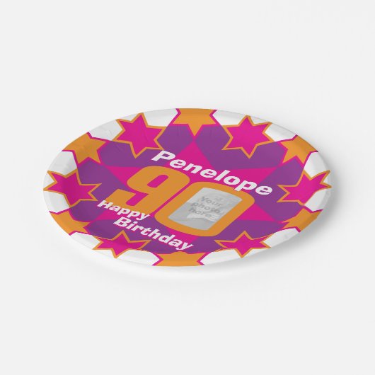 90e verjaardag foto naam roze sterrenpapier bord (Gekanteld)