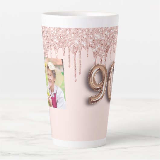 90e verjaardag foto roos gouden roze druppels latte mok (Voorkant)