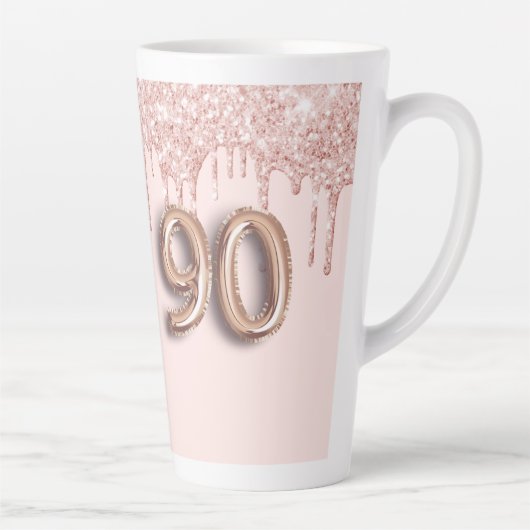 90e verjaardag foto roos gouden roze druppels latte mok (Rechts)