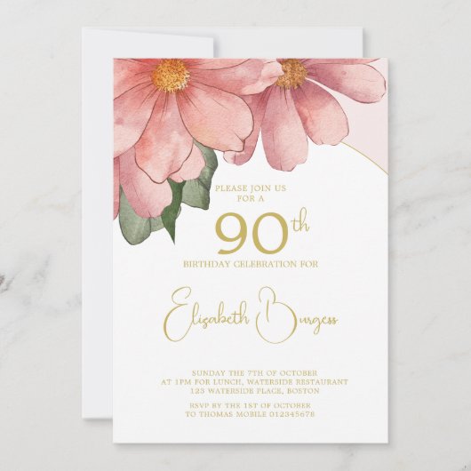 90e verjaardag foto roze bloemig elegante verjaard kaart (Voorkant)