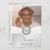90e verjaardag Foto-uitnodigingen - Zilver en wit Kaart (Voorkant / Achterkant)