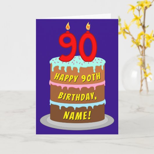 90e verjaardag: Fun Cake and Candles + Custom Name Kaart (Gele Bloem)