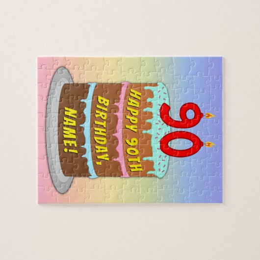90e verjaardag: Fun Cake and Candles + Custom Name Legpuzzel (Horizontaal)