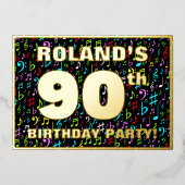 90e verjaardag — Fun, Colorful Music Symbols Folie Uitnodiging (Voorkant)