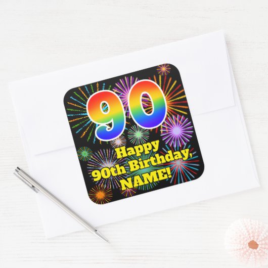 90e verjaardag: Fun Fireworks Kijk, regenboog # 90 Vierkante Sticker (Envelop)