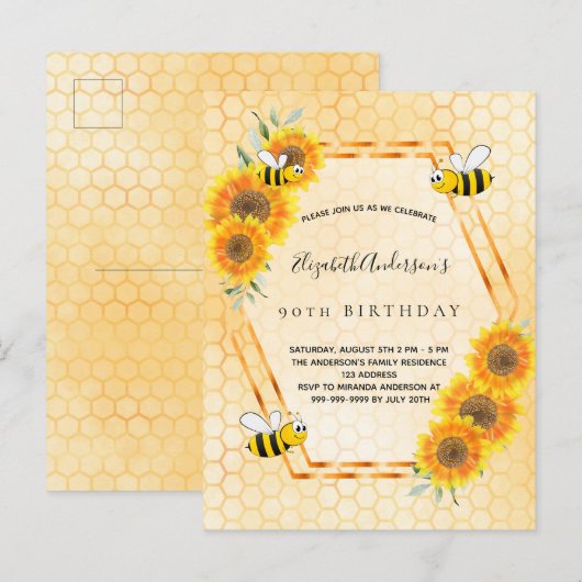 90e verjaardag gele rustige zonnebloemen uitnodigi briefkaart (Voorkant / Achterkant)