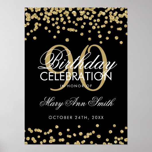 90e verjaardag Glitter Confetti Black Poster (Voorkant)