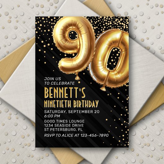 90e verjaardag Gold Black Invitation Kaart