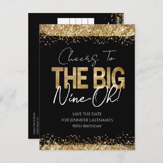 90e verjaardag Gold Black Red het Briefkaart Datum (Voorkant / Achterkant)