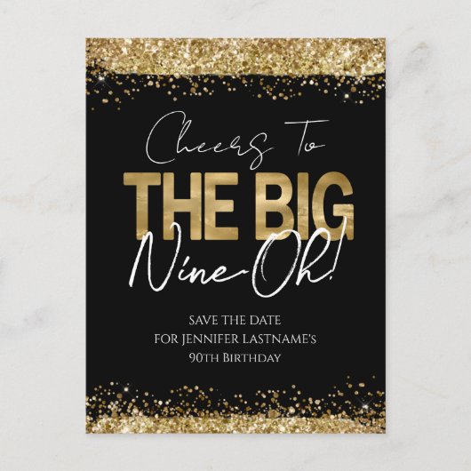 90e verjaardag Gold Black Red het Briefkaart Datum (Voorkant)
