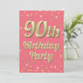 90e Verjaardag Gold Bling Typografie Confetti Roze Kaart (Staand voorkant)