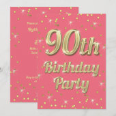 90e Verjaardag Gold Bling Typografie Confetti Roze Kaart (Voorkant / Achterkant)
