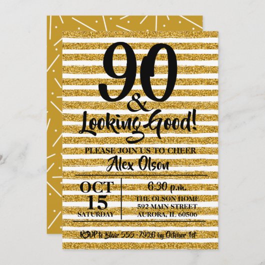 90e verjaardag Gold Glitter Party uitnodigingen (Voorkant / Achterkant)