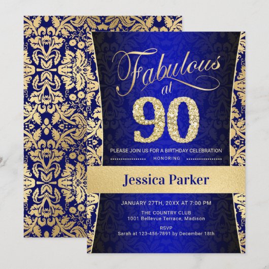 90e verjaardag - Gold Royal Blue Kaart (Voorkant / Achterkant)