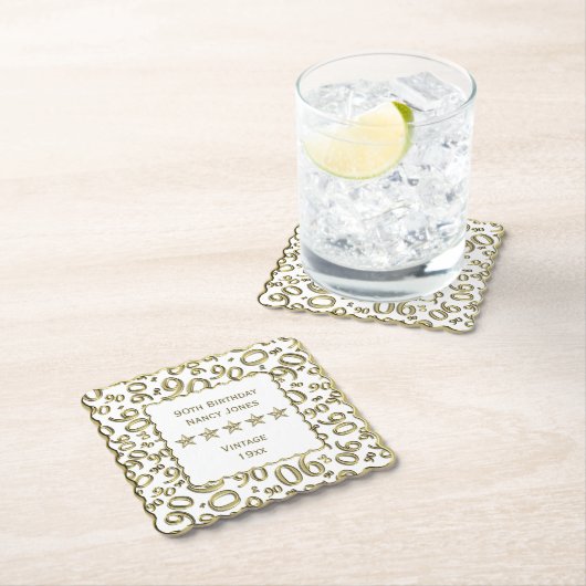 90e verjaardag Gold/White Pattern-thema Kartonnen Onderzetters (Insitu)