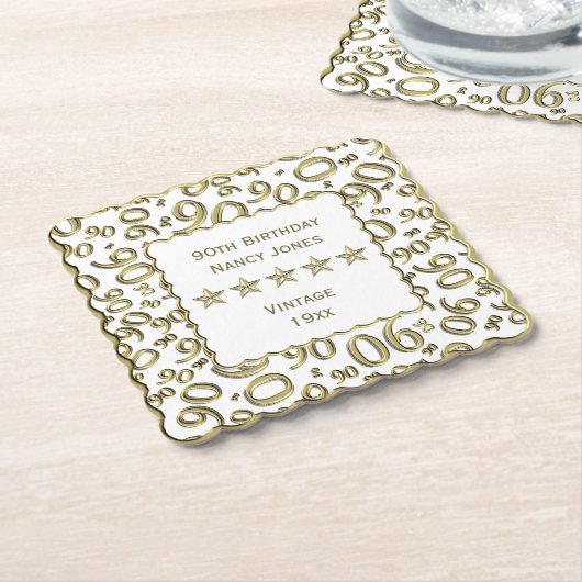 90e verjaardag Gold/White Pattern-thema Kartonnen Onderzetters (Gebogen)